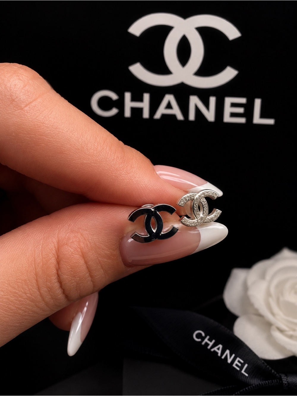 Silver CC Monogram Stud Earrings